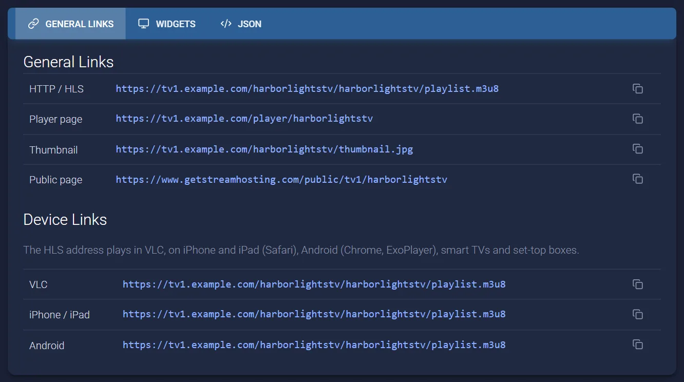 Widgets and Links: the HLS, player page, thumbnail and public page links, and device links for VLC, iPhone and Android.