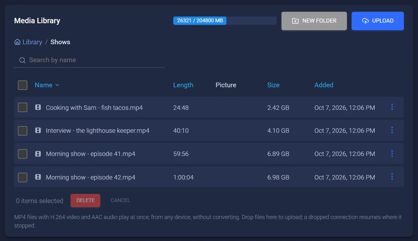 The Media Library inside a Shows folder: files with their length and size, Upload and New Folder buttons, and a storage meter.