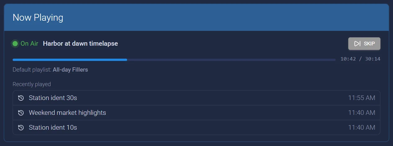 The Now Playing card: the file on the air with a progress bar, the default playlist, and the recently played files.