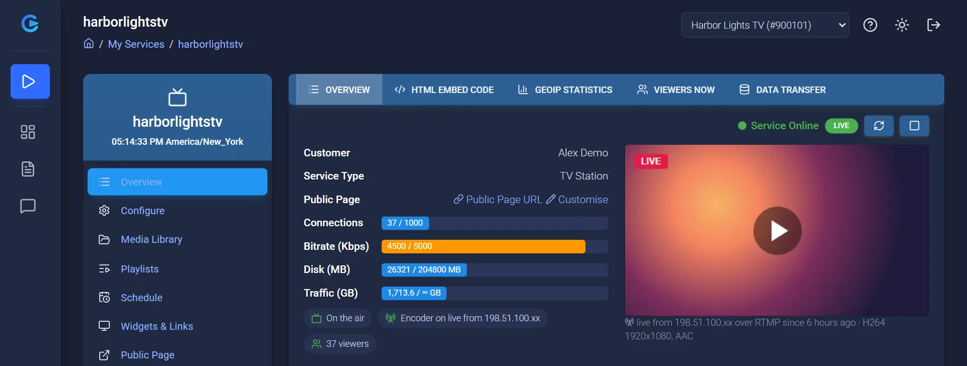 A service's Overview: the menu on the left, the Live badge, meters for connections, bitrate, disk and traffic, and a live preview.