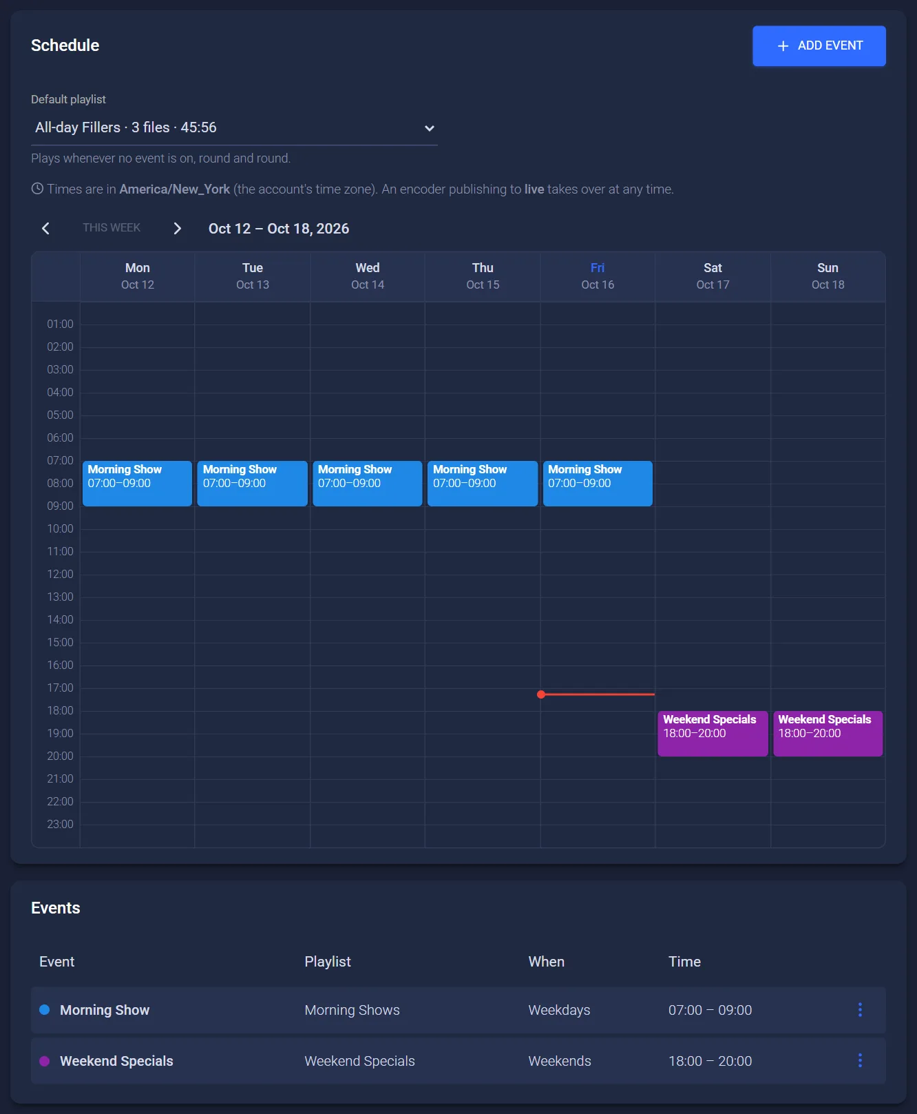 The weekly Schedule: a default playlist, a week grid with Morning Show on weekday mornings and Weekend Specials on weekend evenings, and the list of events.