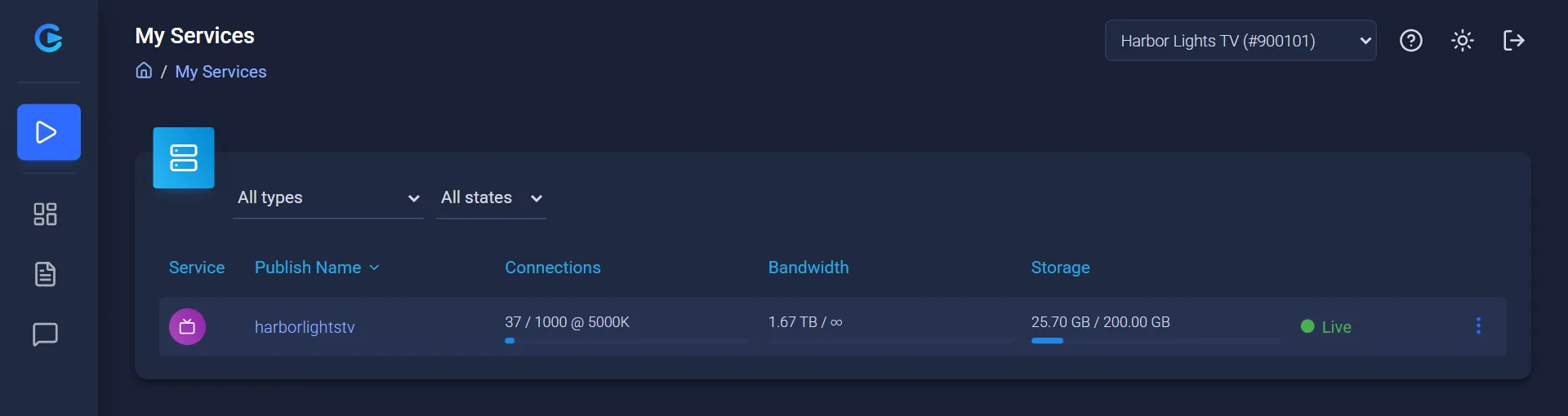 The Streaming page's My Services list, with one TV Station service shown as Live and its connections, bandwidth and storage.